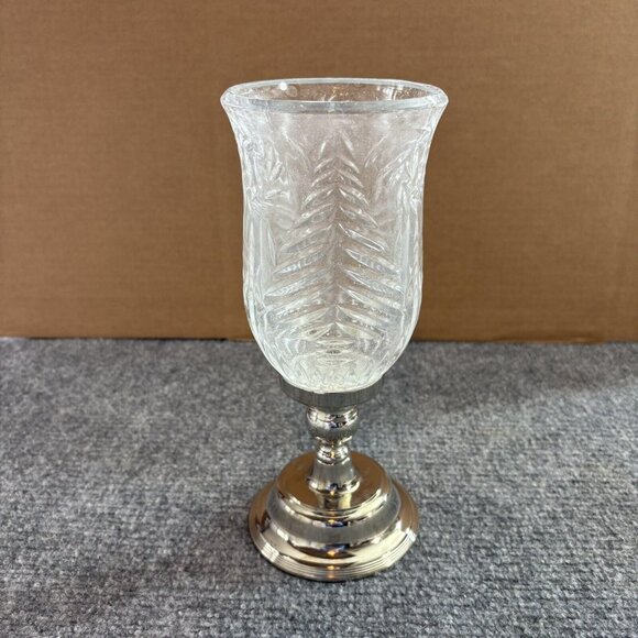 VTG Christmas Trees Hurricane Lamp Candle Holder Silvertone Base Y2K Farmhouse - Picture 2 of 16